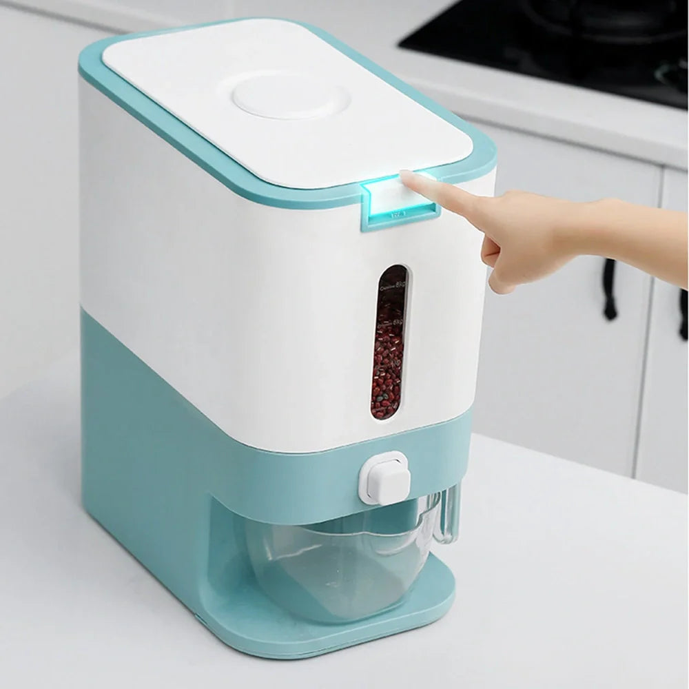 Blue automatic rice bucket with measurement scale and transparent window showing rice inside