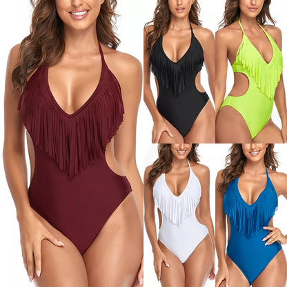 Women's backless high elasticity one piece swimsuit with tassel in various colors