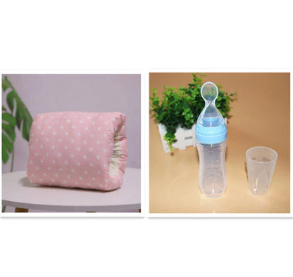 Adjustable cotton nursing pillow with various colorful designs, providing comfort and support for breastfeeding and bottle-feeding