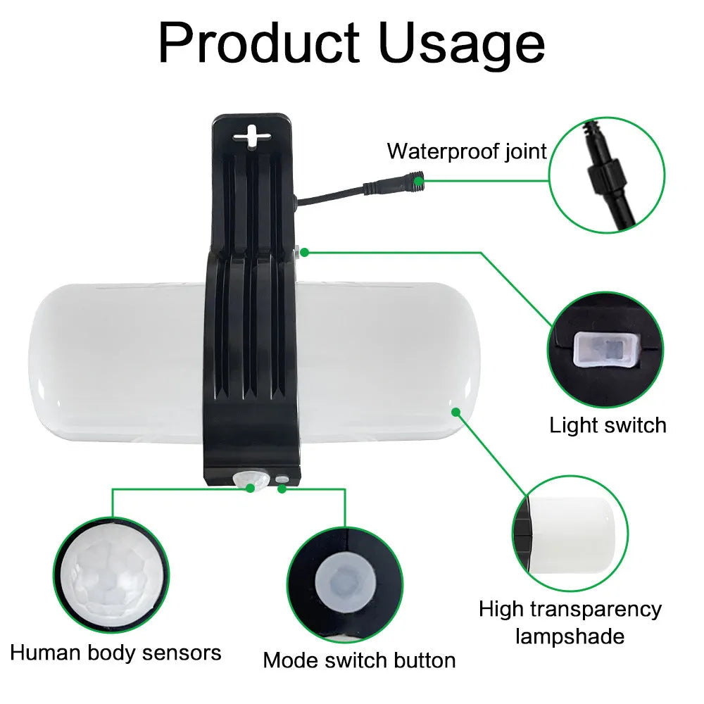 Modern abstract-design solar-powered outdoor floodlight with motion sensor on wall bracket