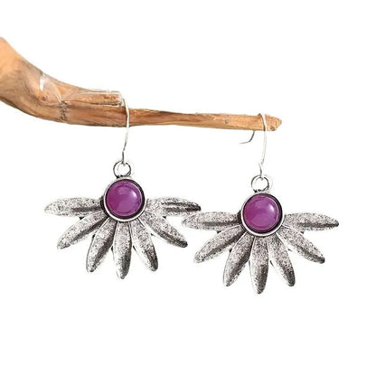 Purple resin bohemian floral earrings with animal zodiac design on alloy base