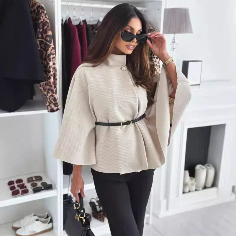 Stylish batwing cloak jacket with belt, available in various colors for women's fashion and outerwear