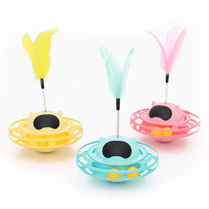 Pink cat tumbler turntable toy for self-play, measuring 17cm by 10cm.