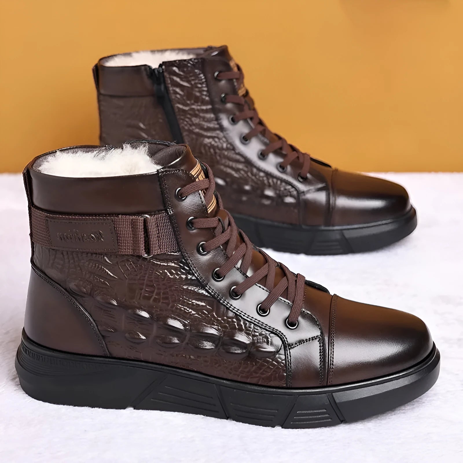 Black fur-lined genuine leather lace-up snow boots with a textured rubber sole on a wooden floor.
