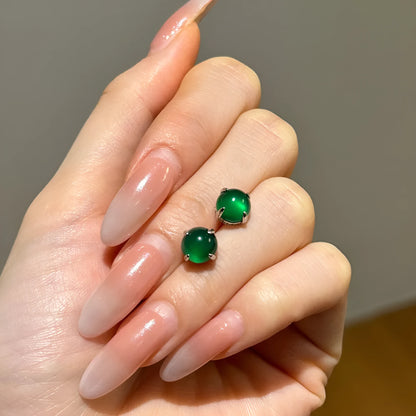 S925 sterling silver stud earrings with green chalcedony, platinum colour finish, geometric round shape, for women