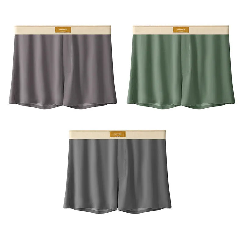 Men's loose-fit Ice Silk nylon underwear in a three-pack, showing colour options like black, green, and grey.