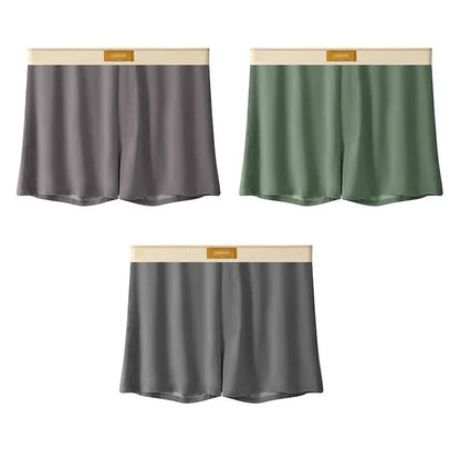 Men's loose-fit Ice Silk nylon underwear in a three-pack, showing colour options like black, green, and grey.