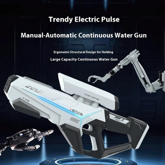 Electric water gun with 750ml capacity in blue colour showing USB charging port and automatic delivery system