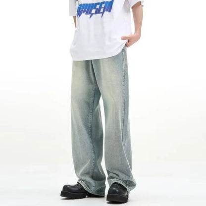 Blue retro loose casual trousers made from rabbit fur with high elasticity, showing loose fit and distinctive texture