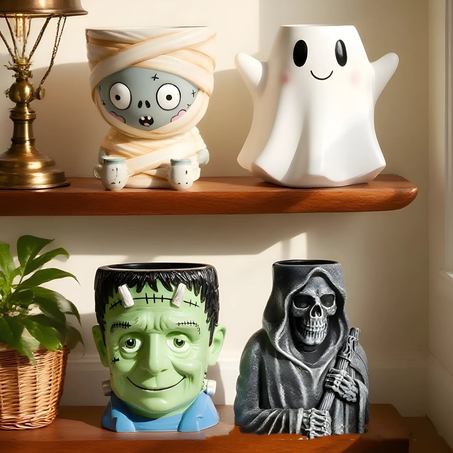 Hand-painted Halloween resin flower pot decorations in bandage zombie, white ghost, Frankenstein, and death designs