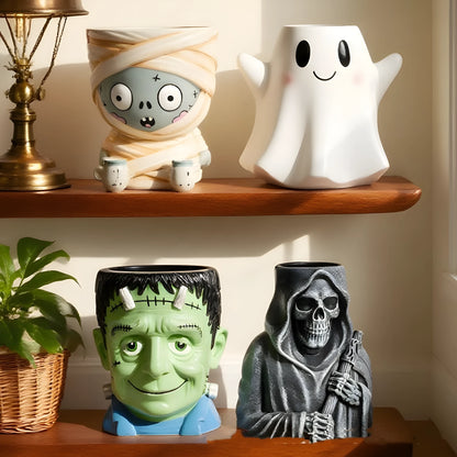 Hand-painted Halloween resin flower pot decorations in bandage zombie, white ghost, Frankenstein, and death designs