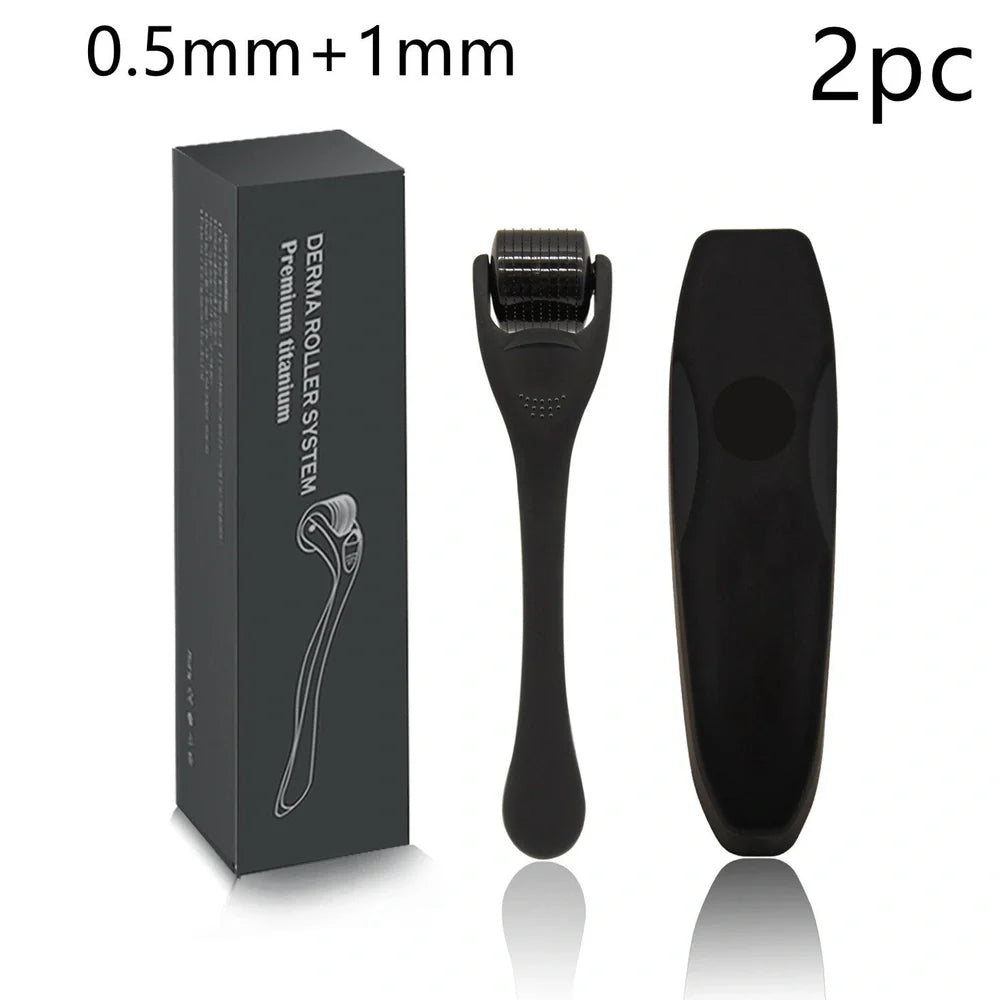 Black titanium alloy beard roller with multiple needle lengths for facial hair care