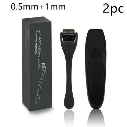 Black titanium alloy beard roller with multiple needle lengths for facial hair care