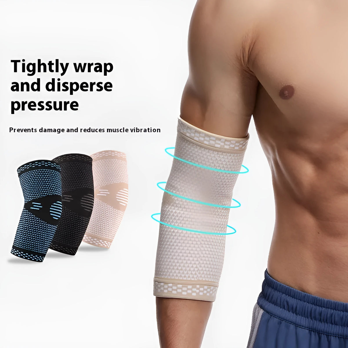 Knitted nylon elbow guard in black blue, black grey or skin colour, sizes S M L XL, single sports elbow pad