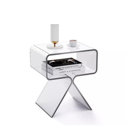 Minimalist transparent acrylic side table in living room setting