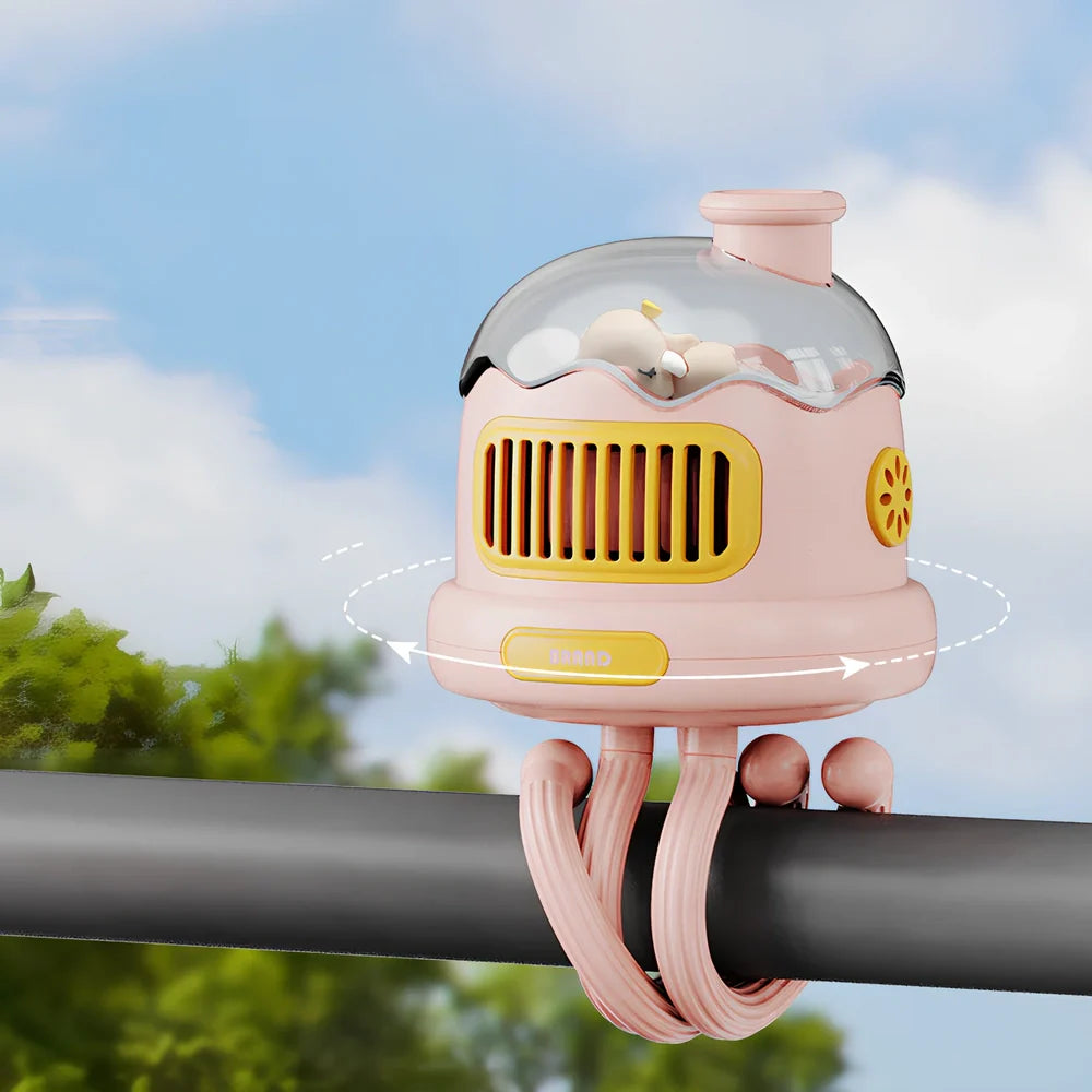 Baby carriage fan with head-shaking function in pink colour with USB cable