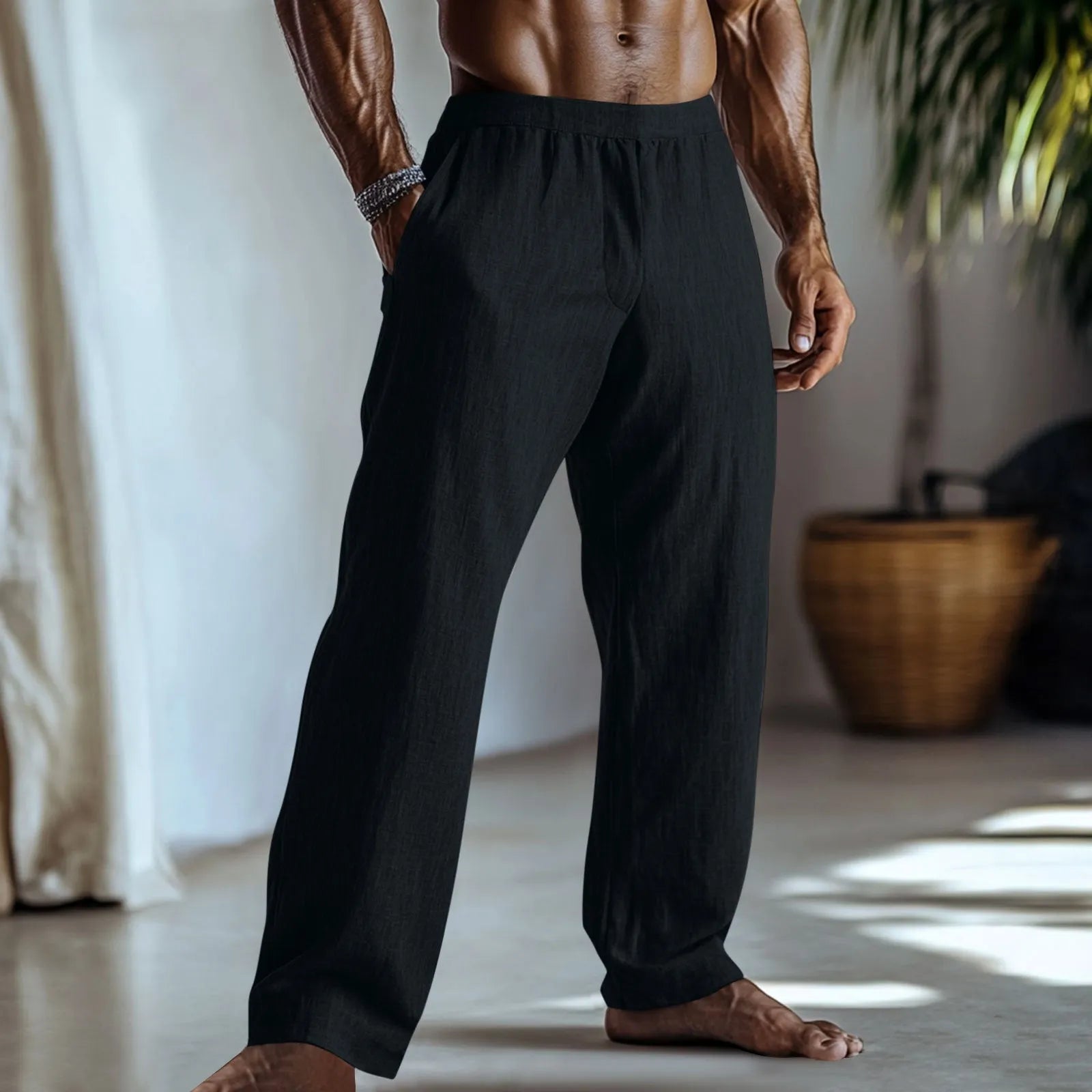 Straight-leg casual trousers in a cotton linen blend fabric shown in a solid colour.