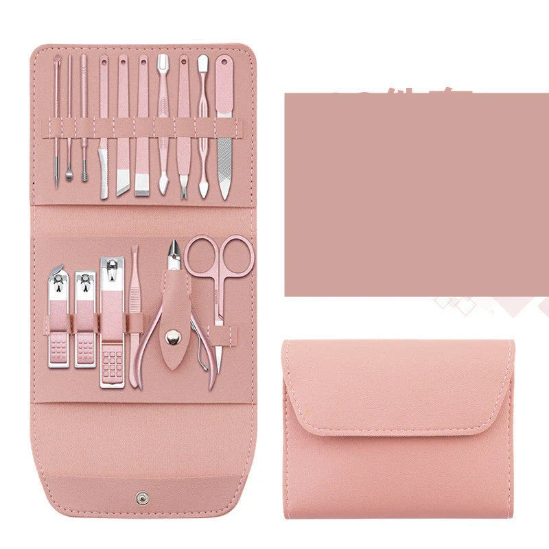 Premium 16-piece manicure set with sleek leather case, including nail clippers, scissors, tweezers, and other grooming tools