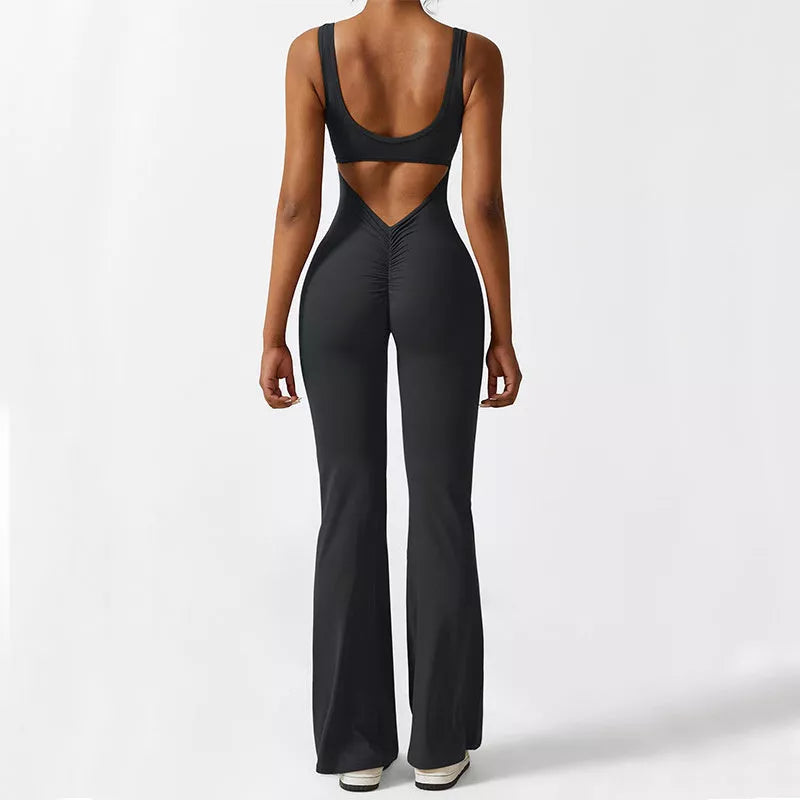 Women's sleeveless flare jumpsuit for yoga and fitness in various colors