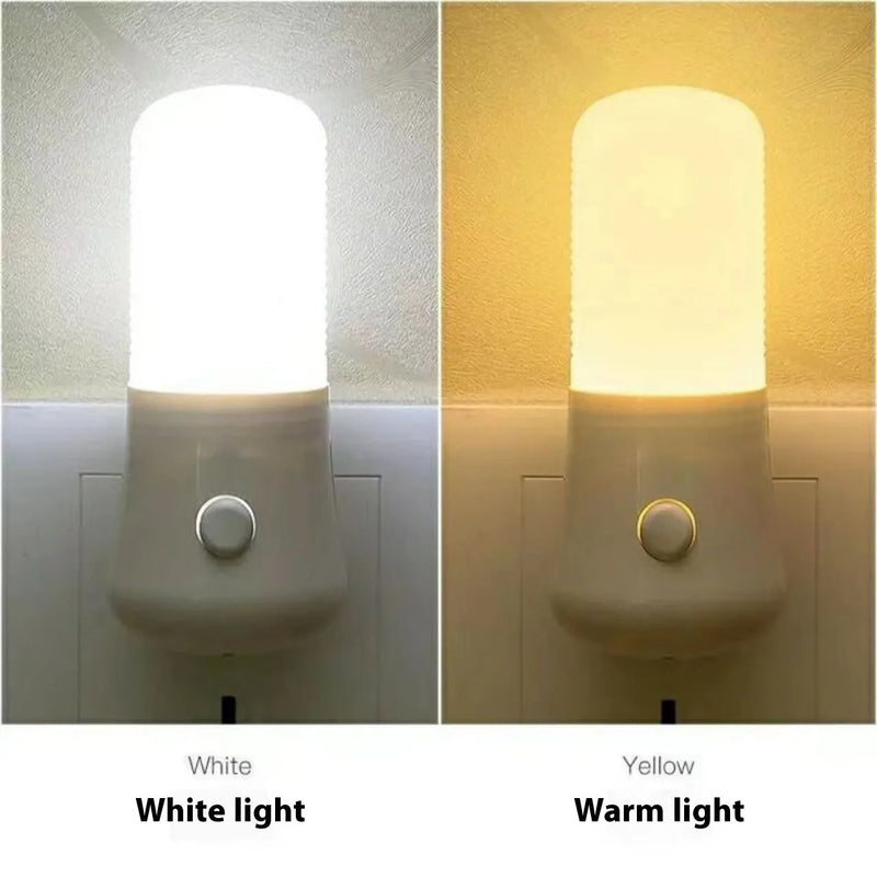 Plug-in bedside night light with minimalist energy-saving design, featuring dual colour options of white light and warm light, modern simple styling, and compact 6.5cm x 6.5cm x 5cm dimensions for US plug sockets