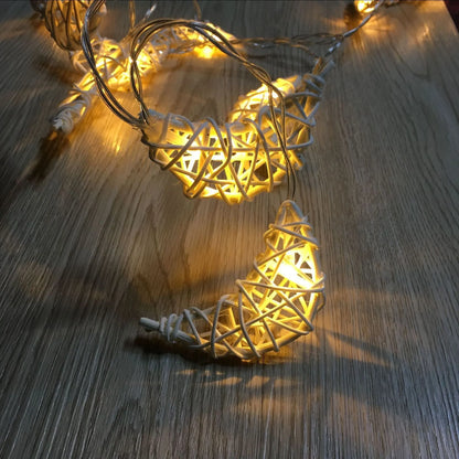 Handwoven rattan moon lighting chain, approximately 8cm diameter, warm white battery-powered lights, 1.2m or 2.5m