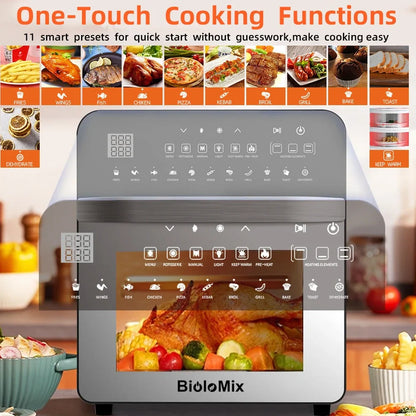 White 15L stainless steel air oven with touch panel, 1700W heating, 33cm x 37cm x 38cm dimensions