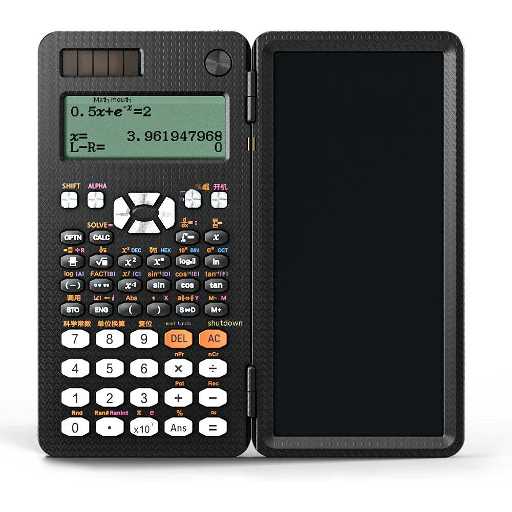 Ergonomic 2-in-1 scientific calculator with foldable writing pad, blue LCD screen, and compact design