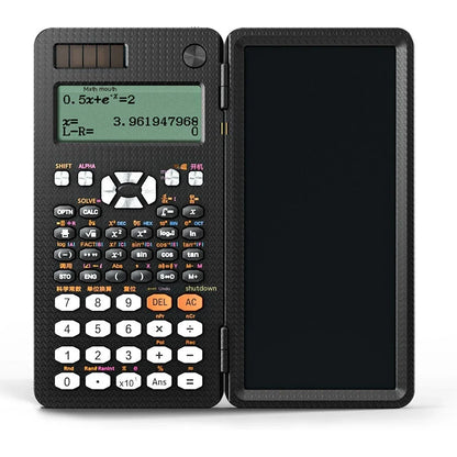 Ergonomic 2-in-1 scientific calculator with foldable writing pad, blue LCD screen, and compact design