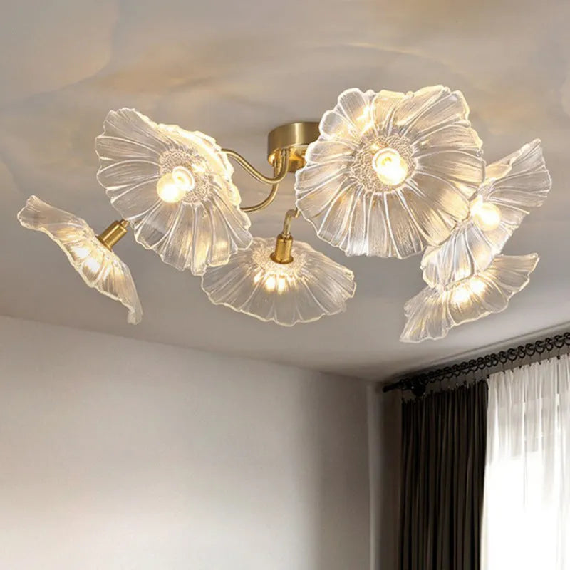Creative flower lamp with five purple heads and adjustable tricolour, warm, or white light settings for ceiling mounting