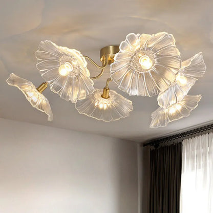 Creative flower lamp with five purple heads and adjustable tricolour, warm, or white light settings for ceiling mounting