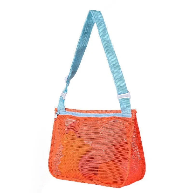 Blue children's travel storage organiser bag with nylon mesh construction and shoulder strap