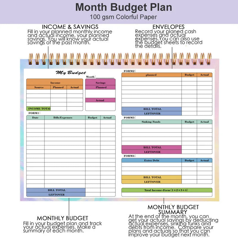 B5 size budget notebook with blue PP plastic cover and spiral binding, open on a desk.