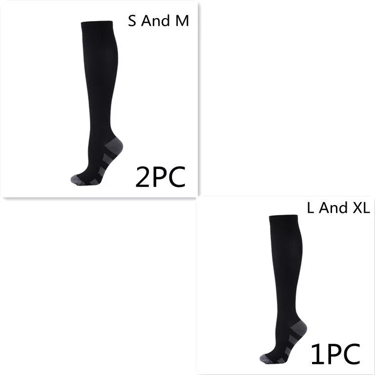 Athletic compression socks with three-bar design in black, pink, and white