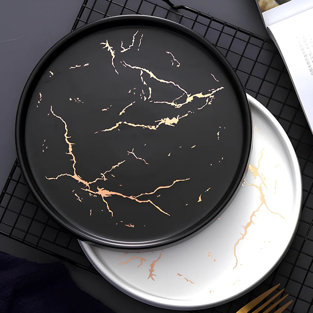 24.7cm Nordic style porcelain plate in white marble pattern, underglaze finish for durable household use