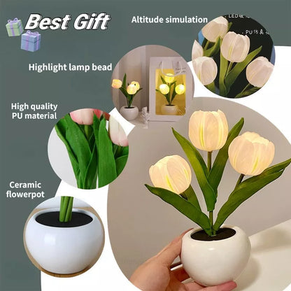 LED Tulip Night Light in ceramic pot with warm glow for home decoration