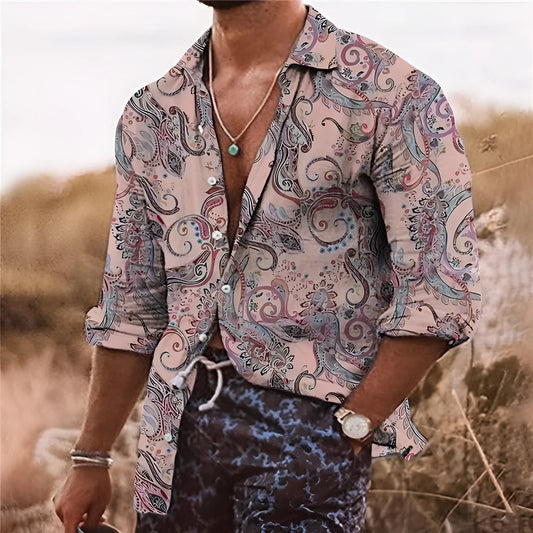 Men's loose fit polyester shirt with floral 3D pattern in bohemian style for business casual wear