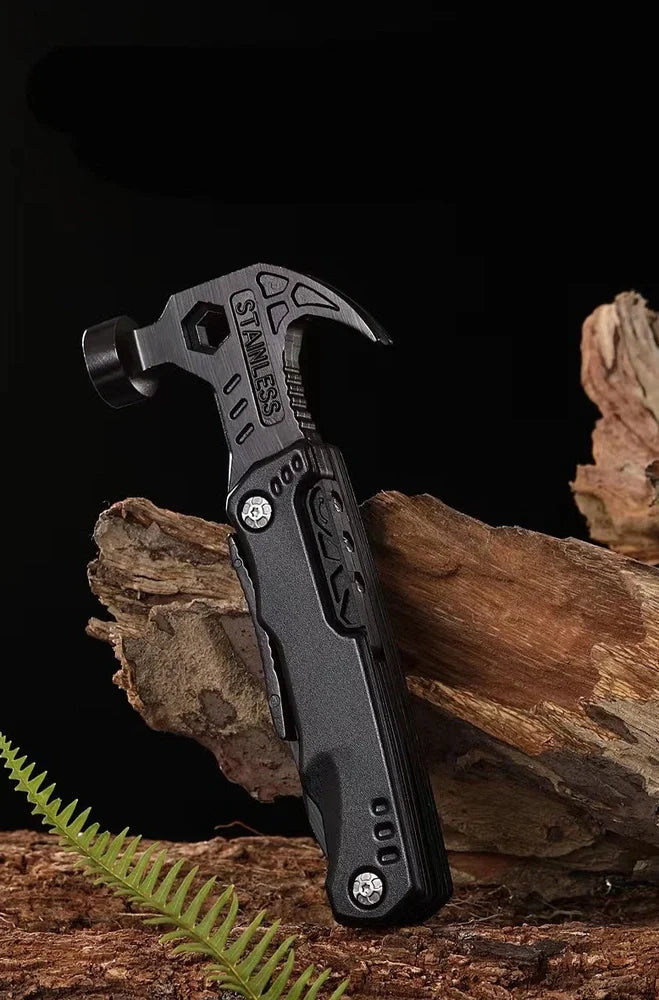 Black stainless steel folding hammer showing 168mm length with aluminium alloy handle in unfolded position