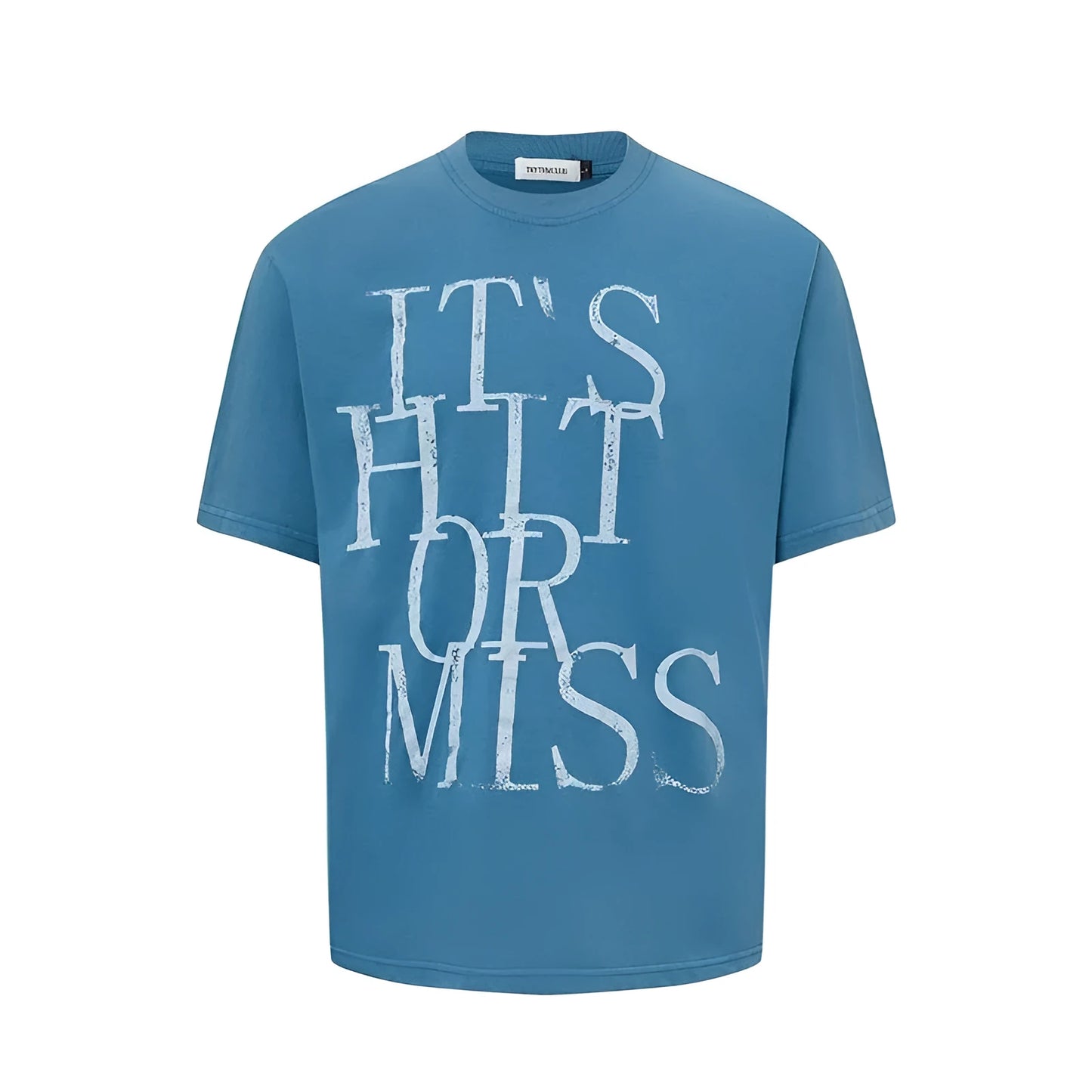 Men's loose blue t-shirt with large white letter print on the chest.