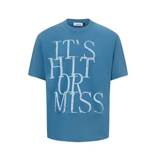 Men's loose blue t-shirt with large white letter print on the chest.