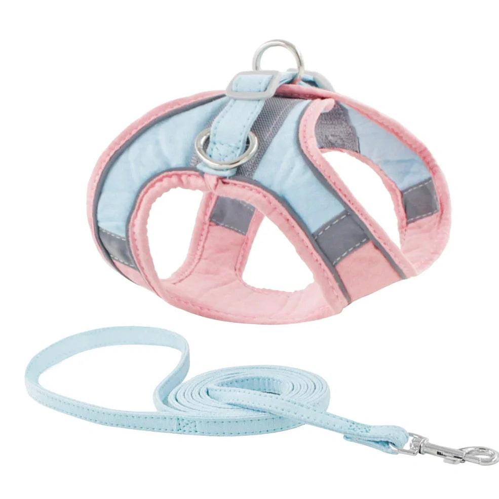 Fleece-lined dog harness with reflective strips and 150cm lead in navy blue colour