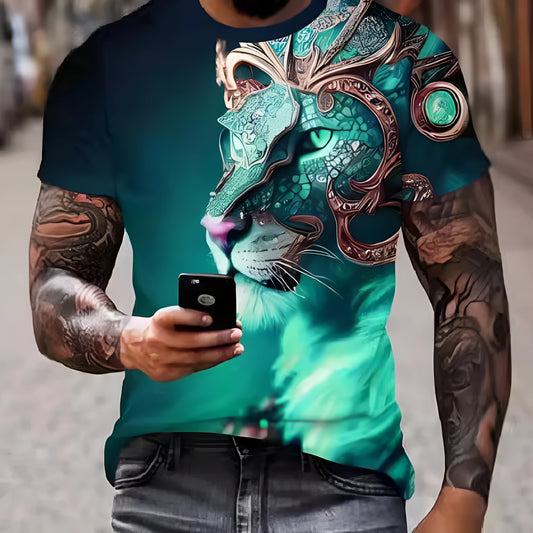 Men's black t-shirt with a fierce lion face 3D graphic print on the front.