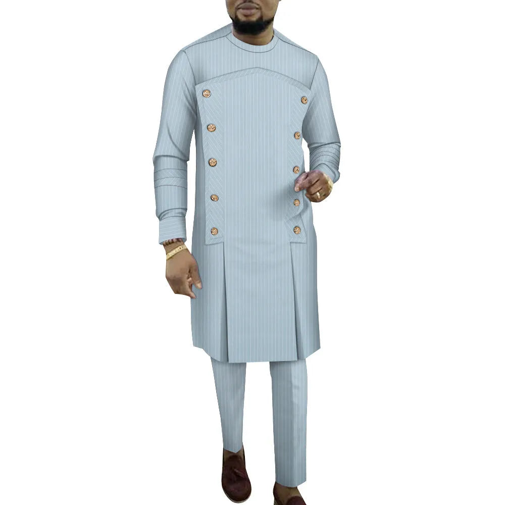 African-inspired striped cotton robe two-piece set for men showing top and trousers in multiple colour variations
