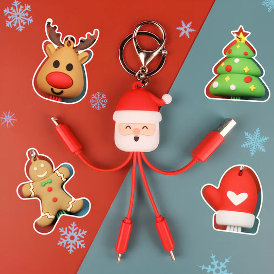 Christmas data cable with reindeer design showing 55mm length and four charging ports