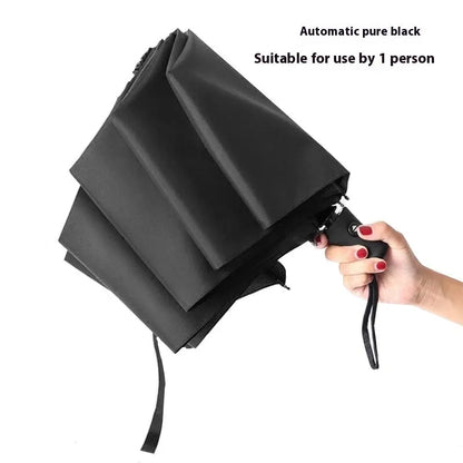Folding umbrella showing tri-fold design with gesture motif and plastic handle