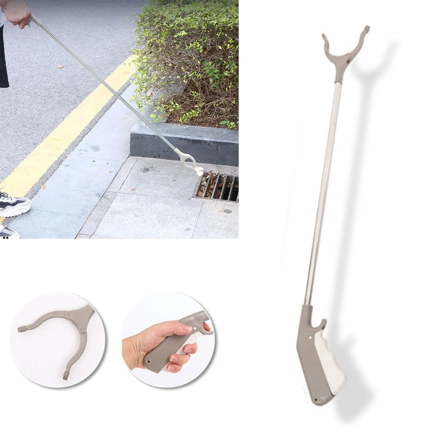 40cm stainless steel garbage picker with push-type handle and non-slip chuck for one-handed operation without bending