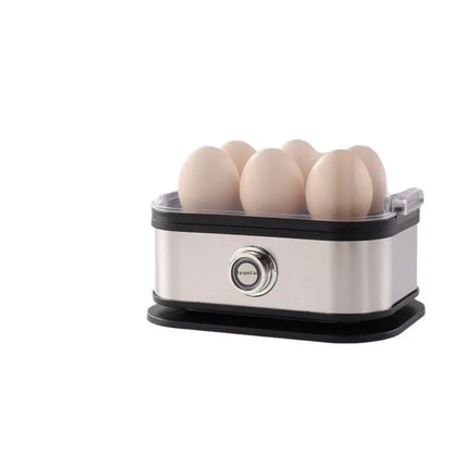 Black stainless steel portable egg boiler with power cord and international adapters for American, European, British standards