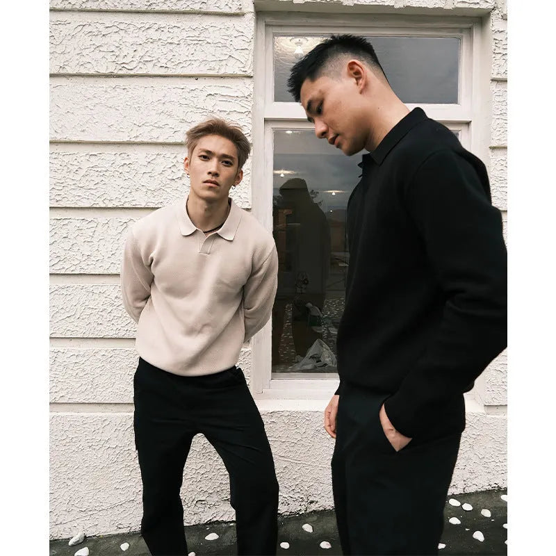 Men's loose fit knitted sweater in black or apricot, long sleeve pullover with wrinkle-free polyester blend, Japanese fresh casual style
