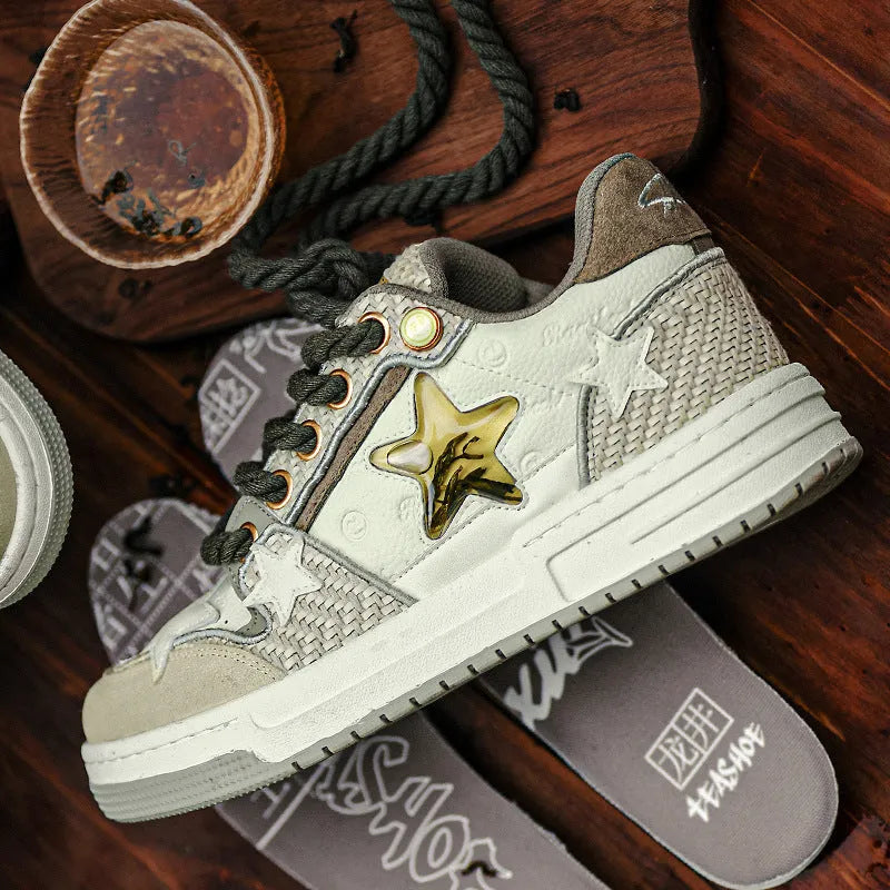 Cowhide leather platform running shoes in tea colour with lace-up front and rubber sole.