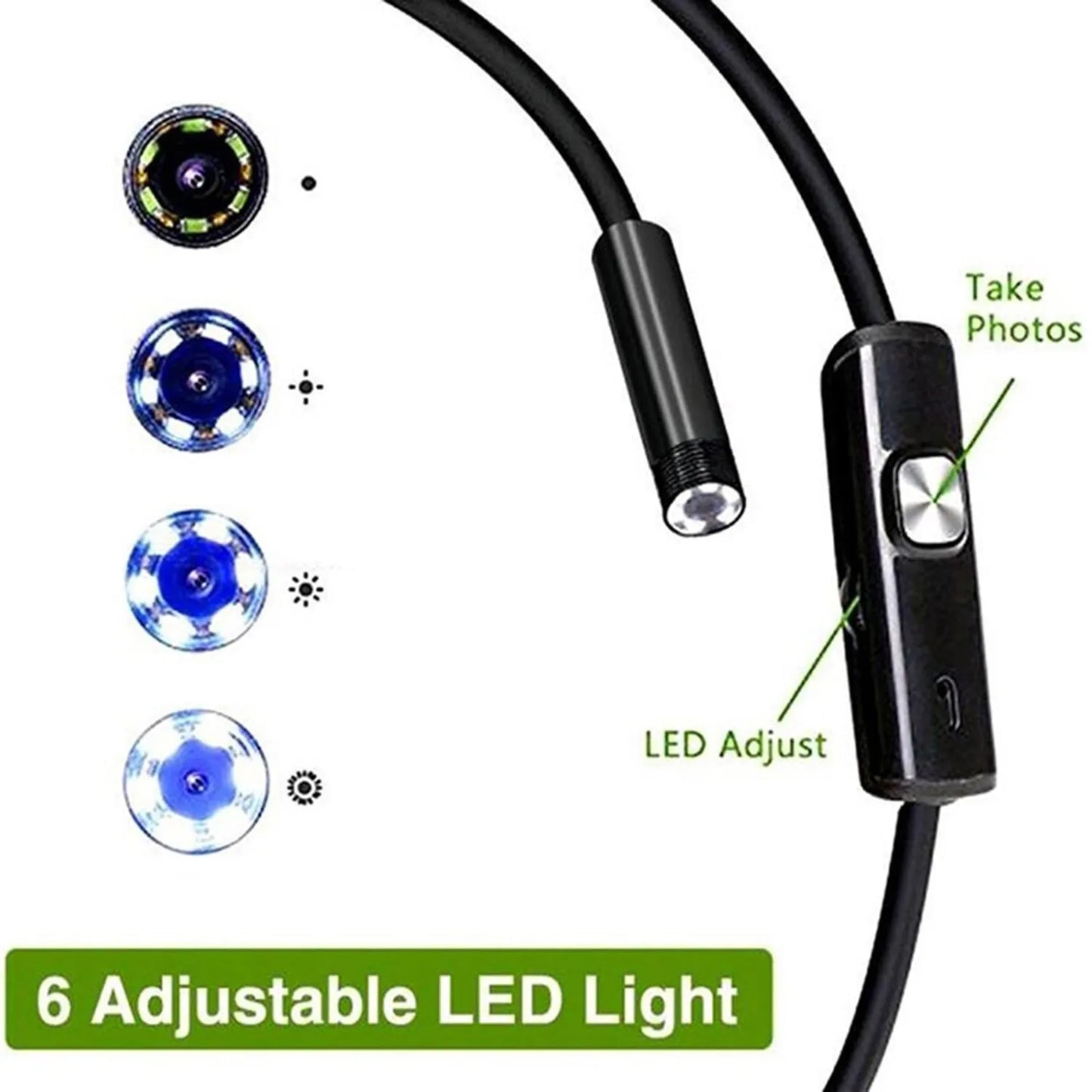 Three in one Type-C USB Android endoscope with 5.5mm probe, side mirror, hook, and magnet attachments on white background