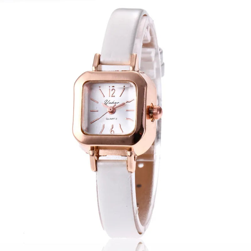 Women's fashion watch with alloy case in black, white, pink, or brown colour options showing 10mm thickness